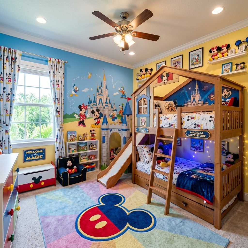 Quarto infantil temático da Disney com beliches para crianças