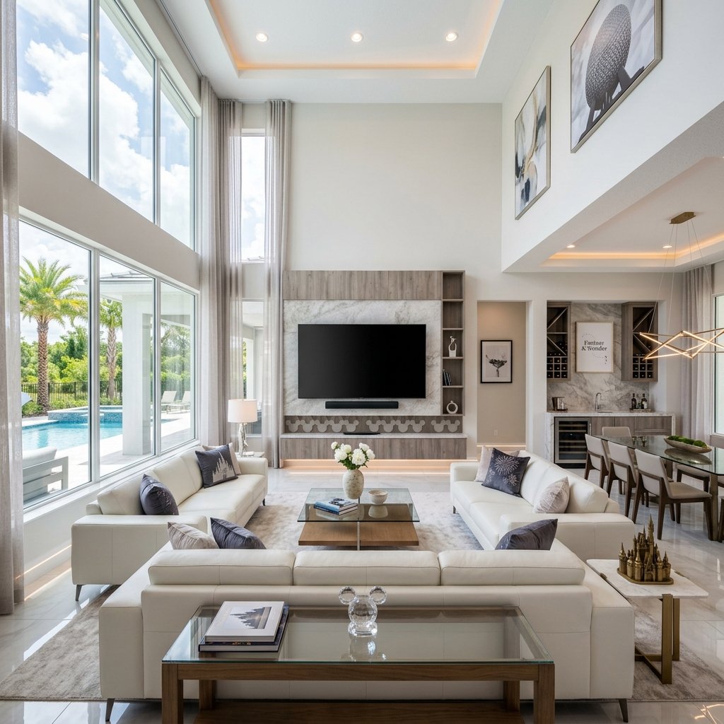 Ampla sala de estar com decoração de luxo em casa de férias na Flórida